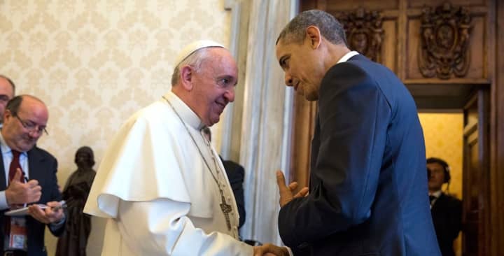 Pope Francis chats with President Barack Obama during the pontiff&#x27;s visit to Washington. 