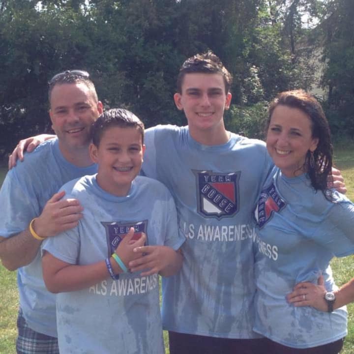 From left: Gary Ragusa, Ryan Ragusa, 13, Gary Ragusa Jr., 16, and Janine Ragusa get some sun after an ALS ice bucket challenge in Gary&#x27;s honor this summer.