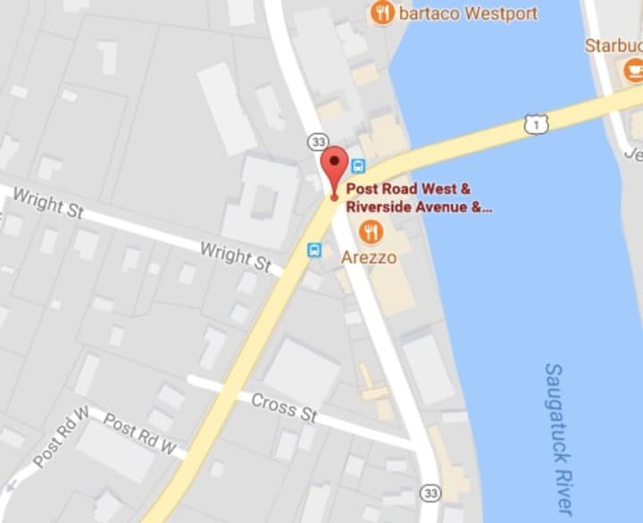 A crash at the intersection of Post Road West and Riverside Avenue in Westport is causing delays on Monday.