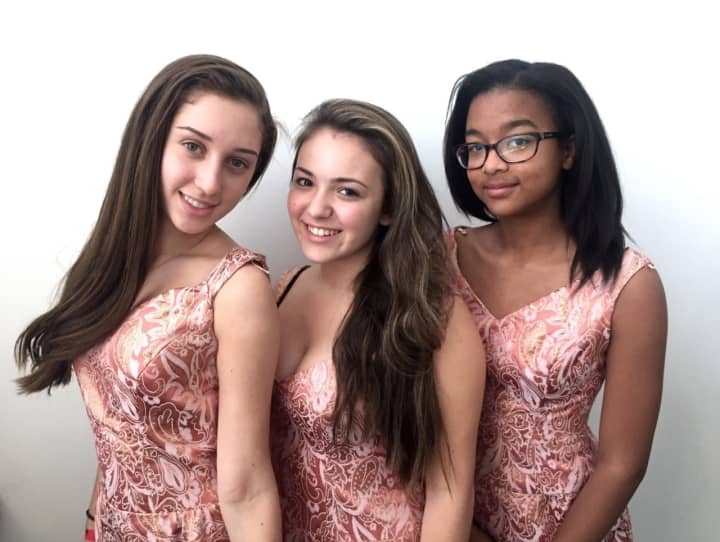 From right to left: Kelly Ainsworth of White Plains as Ronnette, Francesca Ricigliano of Scarsdale as Crystal, and Catherine Serra of White Plains as Chiffon in Little Shop of Horrors at the White Plains Performing Arts Center Conservatory Theatre.