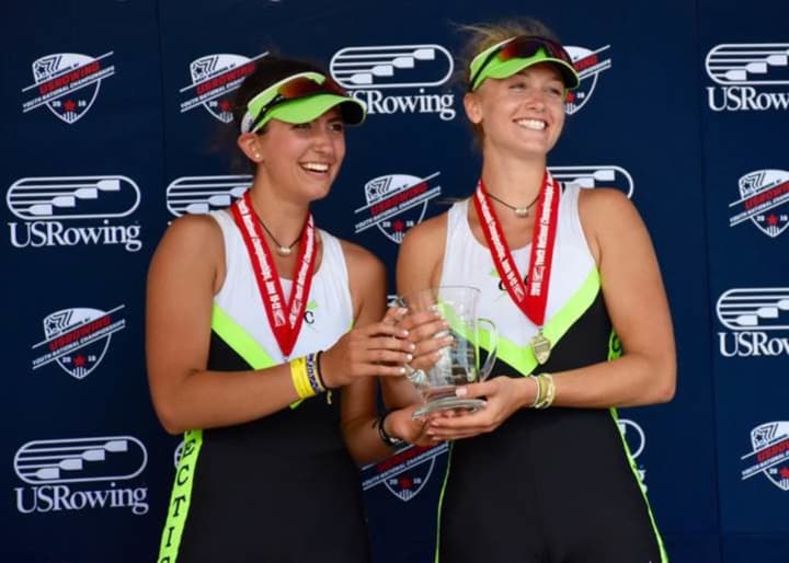 Kaitlyn Kynast of Ridgefield and Julia Cornacchia of Darien won gold in the Varsity Pair at the USRowing Youth Nationals in New Jersey.
