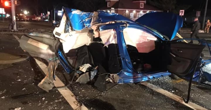 The wreckage of a car that struck a traffic light in Northfield. (Courtesy: Breaking AC)