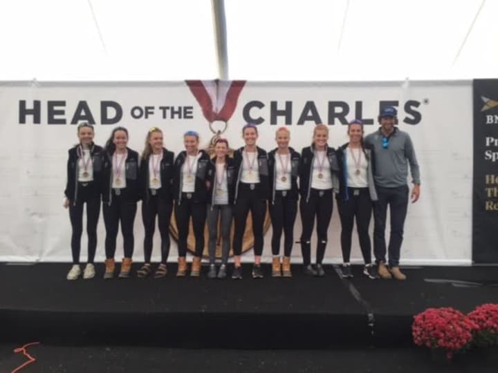 Girls from the Saugatuck Rowing Club won the Women&#x27;s Youth 8+ race Sunday at the Head of the Charles in Boston for the third straight year. See story for IDs.