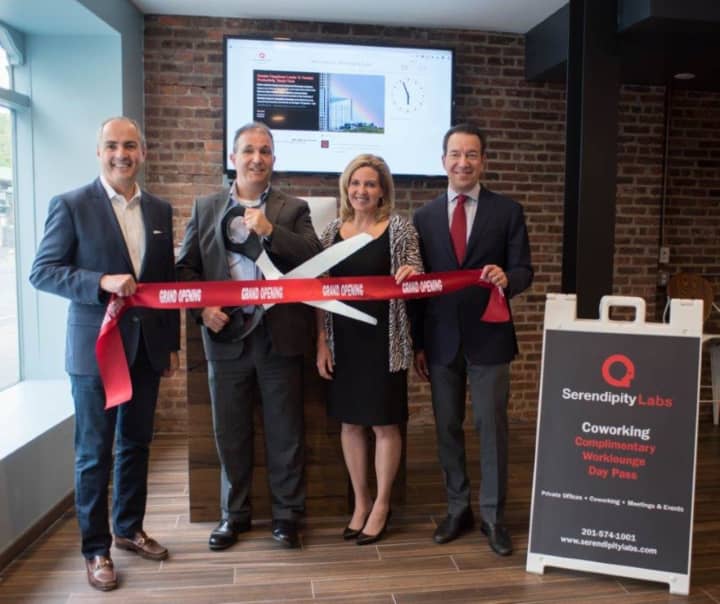 (from left) John Arenas, CEO of Serendipity Labs Coworking; Paul Aronsohn, mayor of Ridgewood; Gwenn Hauck, ‎Ridgewood council member; Brian Stolar, president and CEO of the Pinnacle Companies