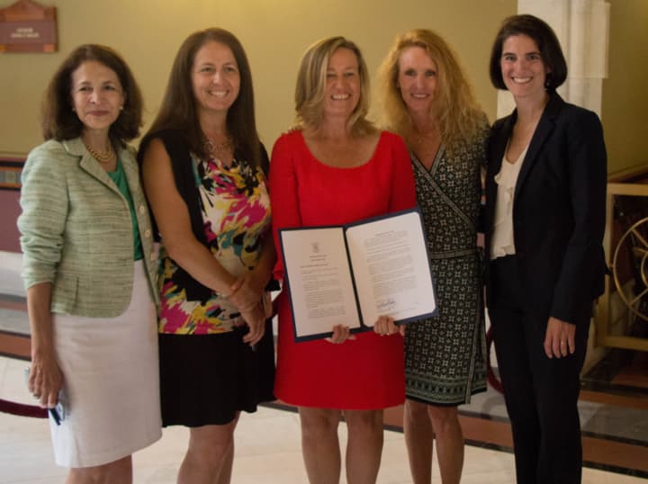 State Rep. McCarthy Vahey (right), Fairfielder Jenn Jacobsen (center), state Rep. Gail Lavielle and parent advocates recently celebrated the signing of a new law to protect the privacy rights of students.