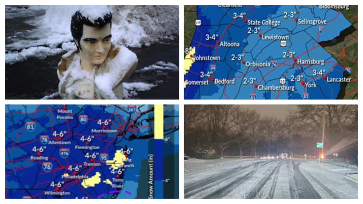 An illegally-placed Elvis bust in a parking spot; forecast maps for southeastern and central Pennsylvania; a snowy residential road in Doylestown.&nbsp;