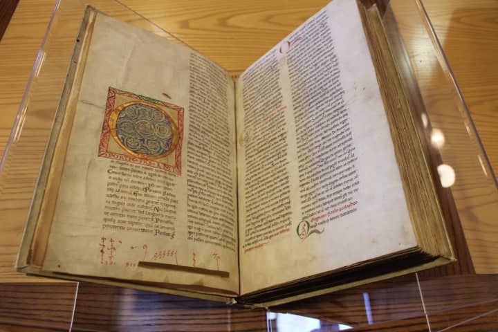 St. Gregory&#x27;s Letter, antique illuminated book in Pequot Library&#x27;s Special Collections