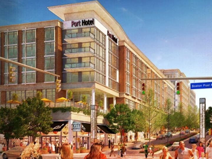 An artist&#x27;s rendering of the proposed Starwood development at the intersection of HIgh Street and the Boston Post Road in Port Chester.