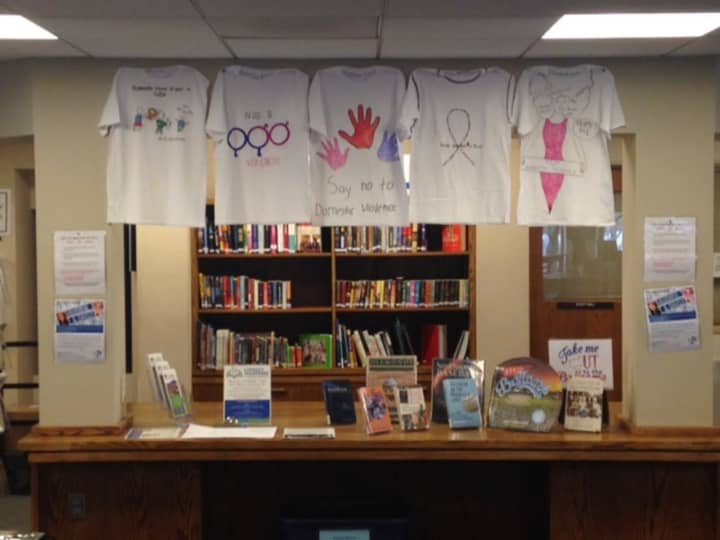 Stratford Library is displaying T-shirts from The Clothesline Project this month.