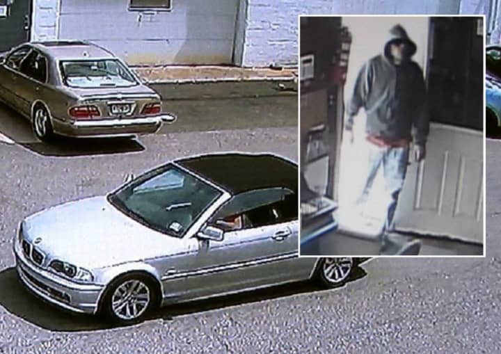The robber (inset) fled in the silver Beamer convertible, police said.