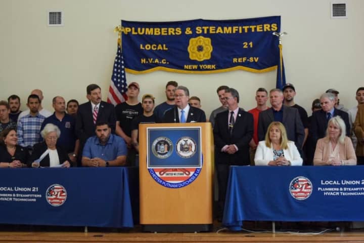 State Sen. Pete Harckham speaking in Peekskill during a news conference in May at the Plumbers &amp; Steamfitters HVAC Local 21 Hall. Harckham announced legislation to protect jobs after the 2020-2021 closure of the Indian Point nuclear power plants