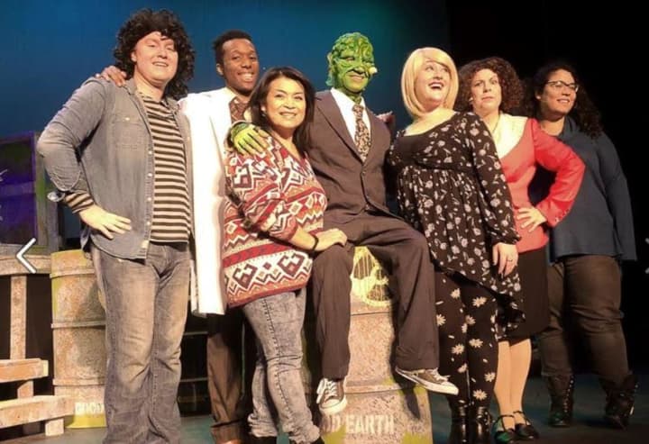 The cast of The Toxic Avenger gets ready for shows on Friday and Saturday at Irvington Town Hall Theater.
