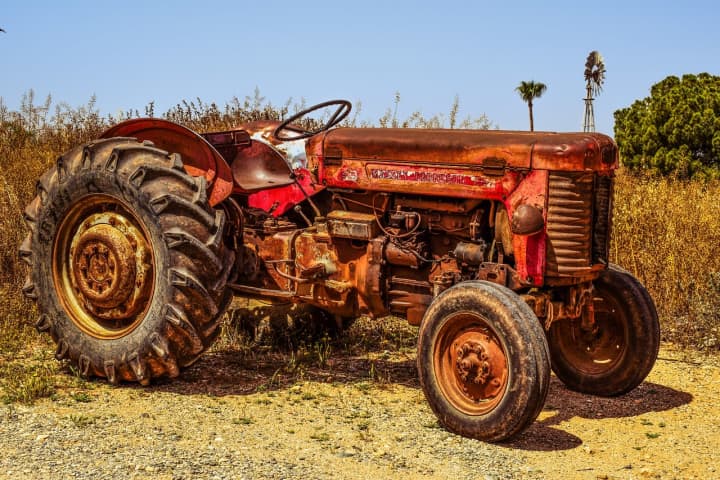 An antique tractor.