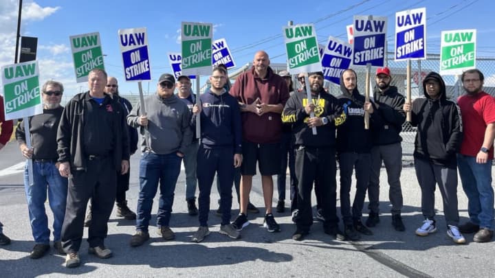 John Fetterman and striking UAW members in Macungie on Tuesday, Oct. 10.