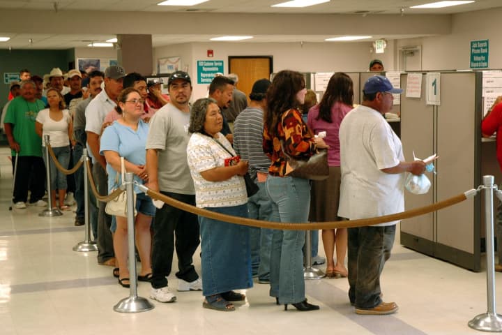 While the national unemployment rate is estimated at 4.8 percent, Rockland County&#x27;s is 4.3 percent, the lowest in the Hudson Valley region and among the lowest in the entire state. The photo shows folks waiting to collect jobless benefits elsewhere.