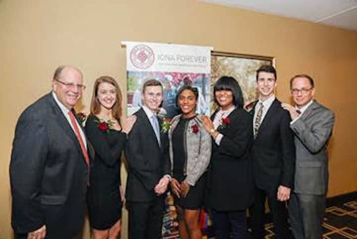 A recent dinner in honor of Ronald M. DeFeo raised more than $1 million for the college. Pictured, DeFeo, Madison Kirch, Kalen Sullivan, Merridith Delinois, Marci Dillion, Patrick Lynch, and Iona President Joseph E. Nyre.