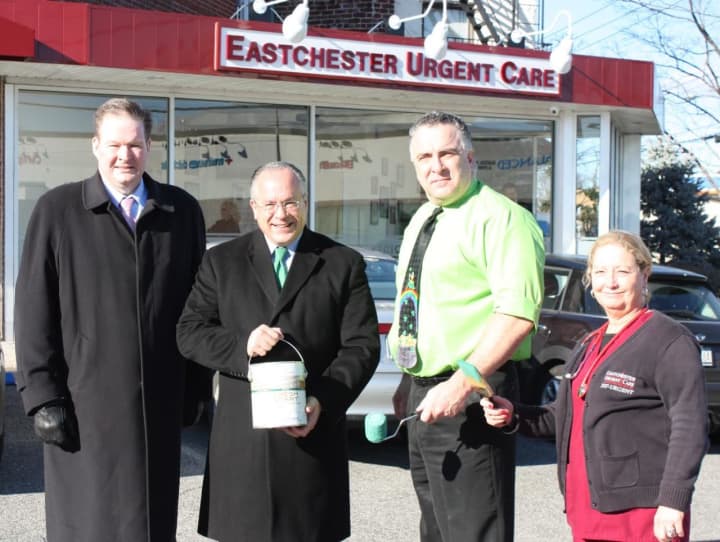 Green Line sponsor Brendan Lynch, Eastchester Town Supervisor Anthony Colavita, Dr. Mack Sullivan and Laurie Trangucci painted the route of the annual St. Patrick&#x27;s Day Parade.