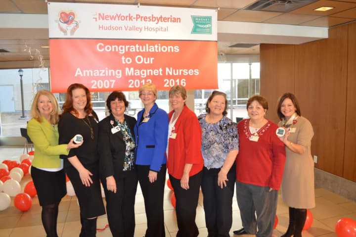 A.Bonnie Corbett, Chief Nursing Officer and Vice President, Patient Services, left, and Stacey Petrower, President, NewYork-Presbyterian Hudson Valley Hospital, right, with members of NYPHVH nursing leadership and nursing educators