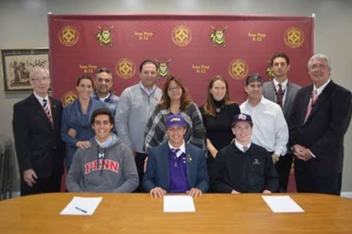 National Letter of Intent signers (left to right) Ryan Telesca, Anthony Piccolino and Dylan Sabia were surrounded by family and coaches during a signing ceremony at Iona Prep.
