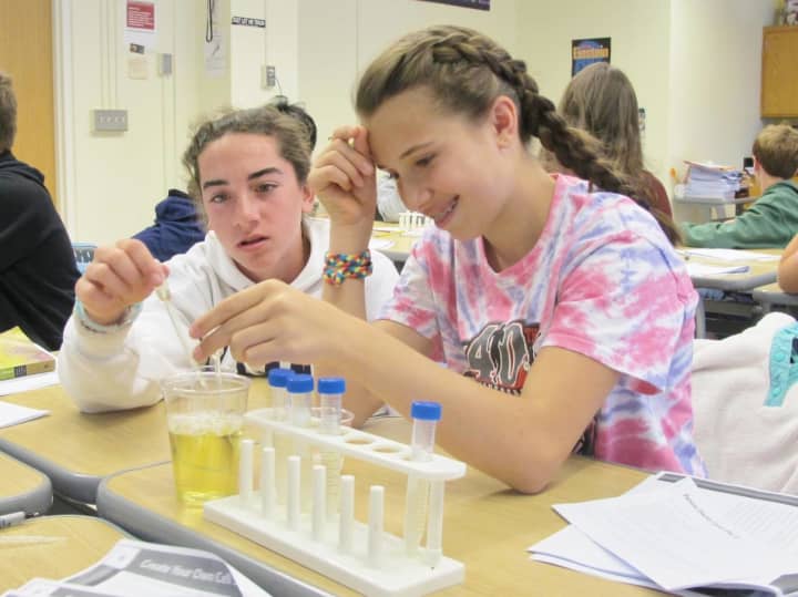 These Bronxville School seventh-graders conduct experiments in i2 Learning STEM Immersion, a grant funded program.