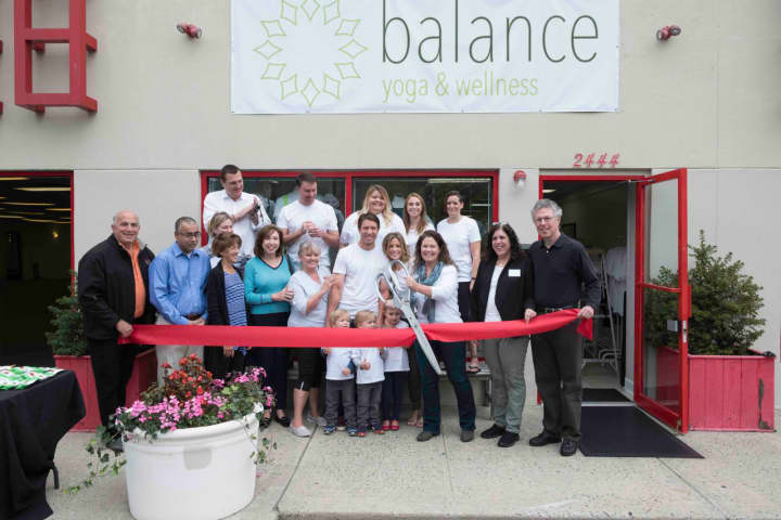 Ribbon cutting of Balance Yoga in Larchmont with Mayor Lorraine Walsh.