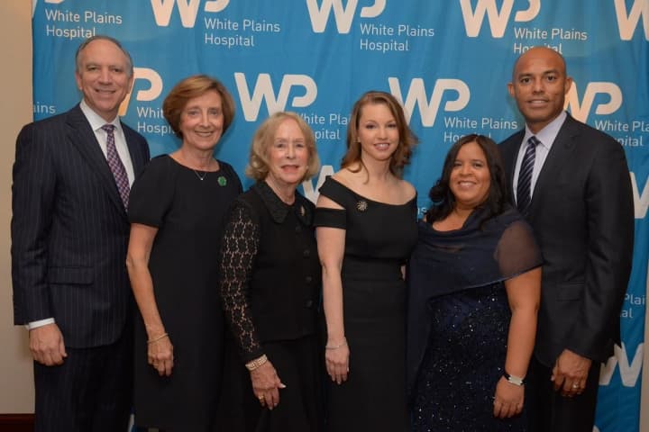 WPH Chairman of the Board of Directors Larry Smith, Friends of White Plains Hospital Co-Presidents Brenda Oestreich and Suzanne Waxenberg, all of Scarsdale; Hospital President and C.E.O. Susan Fox, of Larchmont; and Clara and Mariano Rivera.