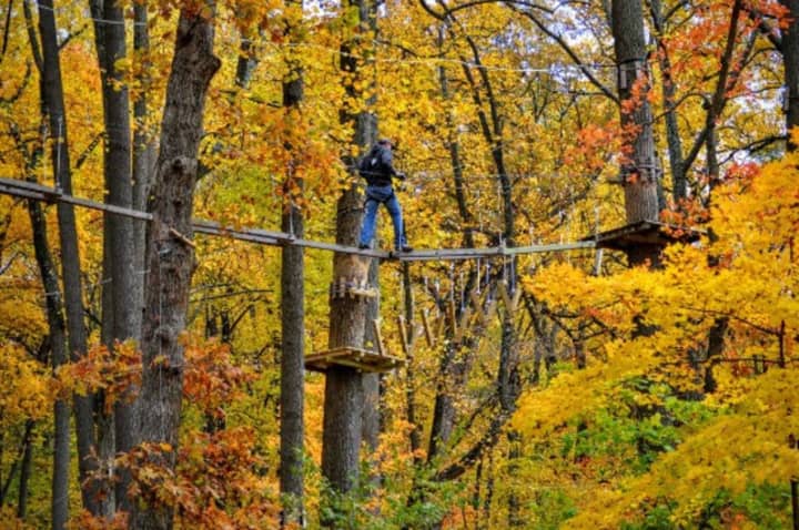 Enjoy the sights of fall from above thanks to seasonal climbing at the Adventure Park at the Discovery Museum.