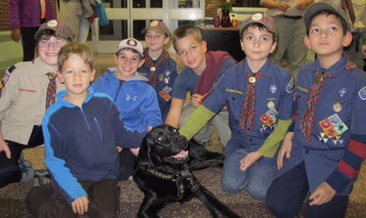 Ossining Cub Scout Pack 83 with Daisy, an arson detection dog.