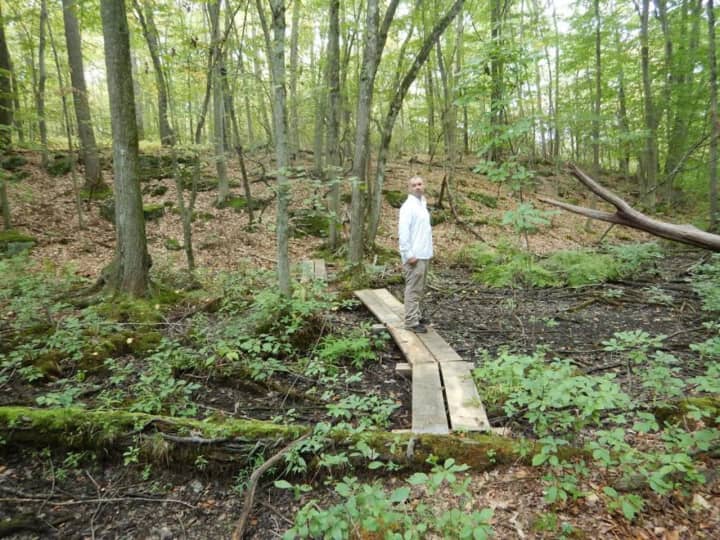 Shaun McCoshum, Westchester Land Trust’s Preserve Manager &amp; Educator, tests out the new bog bridges at the William K. Love Preserve in South Salem.