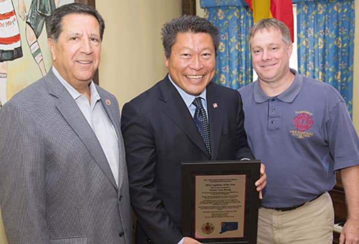 Uniformed Professional Fire Fighters Association of Connecticut President Peter Carozza, state Sen. Tony Hwang and Fairfield Firefighters Association Local 1426 Executive Board President Bob Smith at the ceremony.