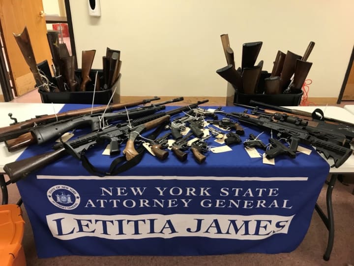 Fifty-six firearms were turned in to authorities at a gun buyback event in the Hudson Valley.