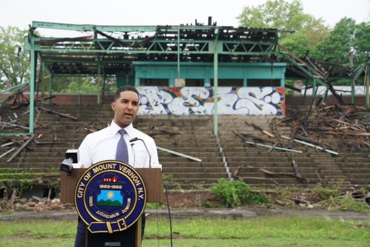 Mount Vernon Mayor Richard Thomas announcing the beginning of demolition of the grandstands at Memorial Field earlier this year.