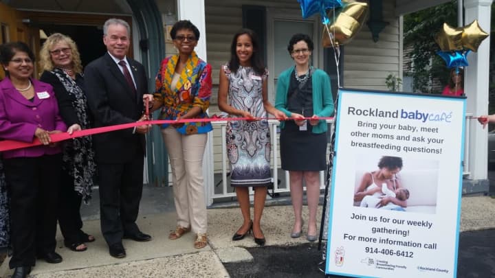 Rockland County Legislator Aney Paul, Commissioner of Health Dr. Patricia Schnabel Ruppert, County Executive Ed Day, Cheryl Hunter-Grant, Sharen Medrano, and Dr. Maria Mosquera open the new cafe.