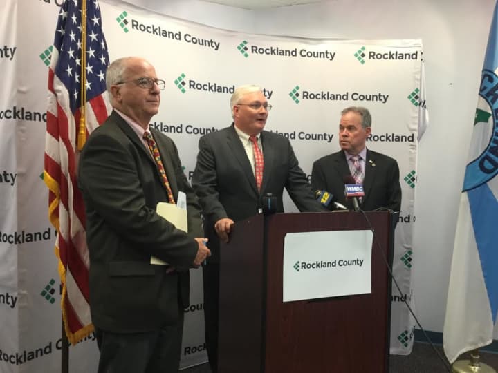Rockland Commissioner of Mental Health Michael Leitzes, County Attorney Thomas Humbach and Rockland County Executive Ed Day announce litigation against opioid manufacturers.