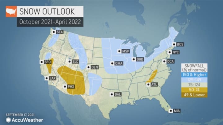 The outlook for snowfall during the 2021-22 winter season by AccuWeather.