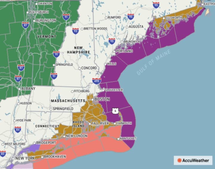 High wind watches (gold) and gale warnings (purple) have been issued for these parts of the Northeast.