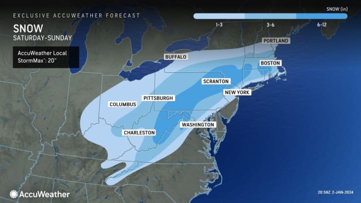 Areas in the darker shade are expected to see between 6 and 12 inches of snowfall.