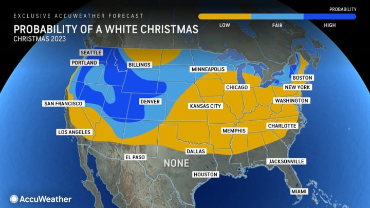 A look at the chances for a White Christmas throughout the country, with only areas in the far west and parts of northern New York and New England rate as "fair" (shown in light blue) or "good" (shown in royal blue).