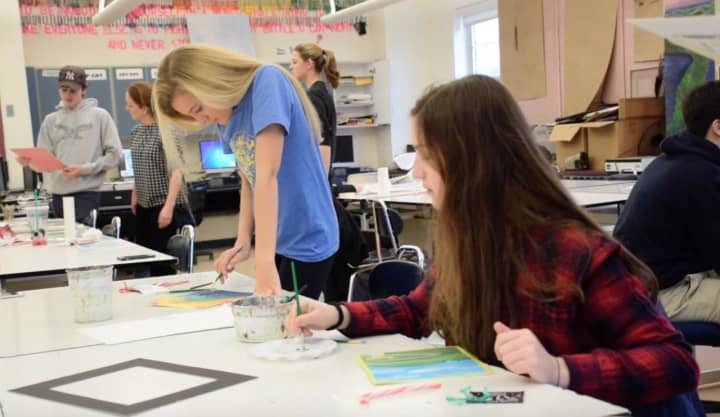 Bronxville High School students in Courtney Alan’s Studio Art II class created illustrations and illuminated the calligraphic manuscripts