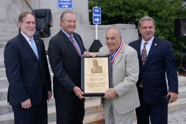Yonkers Mayor Mike Spano awarding former Mayor Angelo Martinelli with the city&#x27;s first Lifetime Achievement Award.
