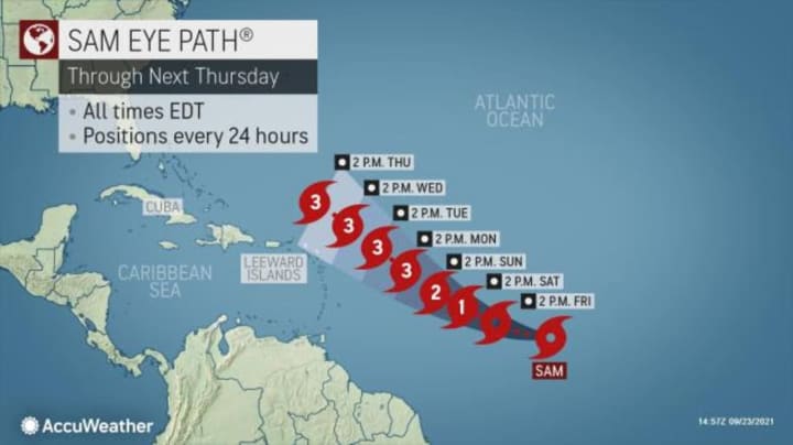 A look at the projected path for Tropical Storm Sam from AccuWeather forecasters.