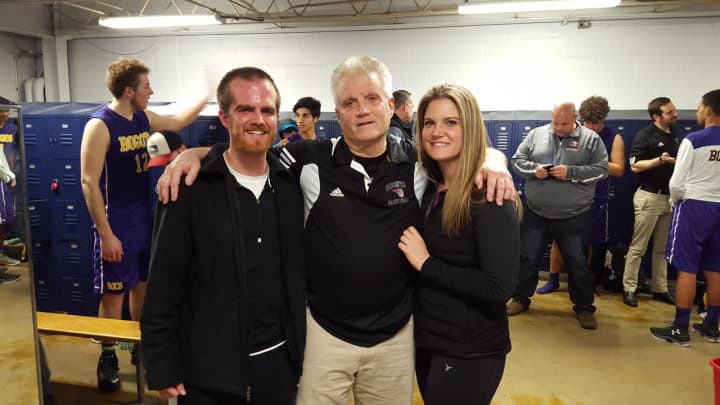 Jay Mahoney with his son and daughter after winning his 600th game Feb. 2.