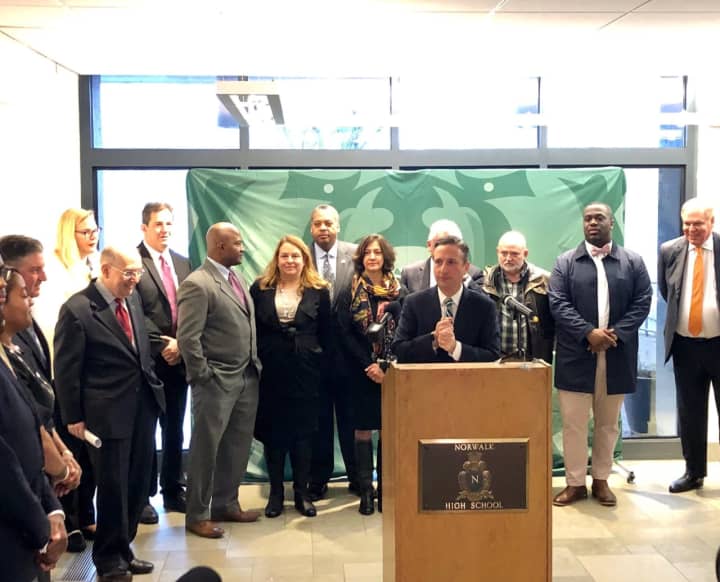 Senate Majority Leader Bob Duff among city and school officials announced plans for the new high school on Dec. 9. Photo credit: Courtesy of Norwalk Public Schools