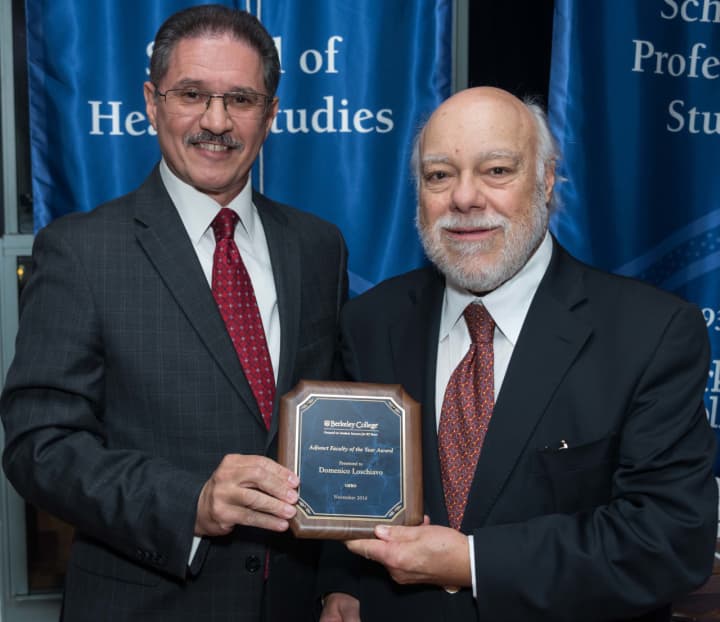 Domenico P. Loschiavo,  right, professor of management at Berkeley College’s Larry L. Luing School of Business, was honored at the college&#x27;s Adjunct Faculty of the Year awards in Manhattan.