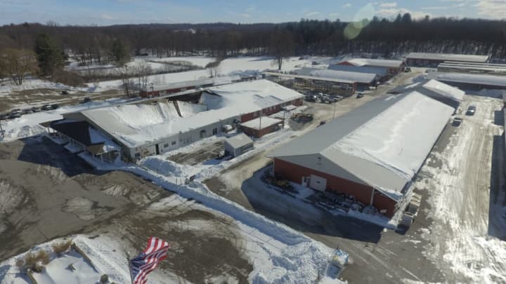 A drone shot of the damage to Williams Lumber in Rhinebeck following a roof collapse from too much snow.