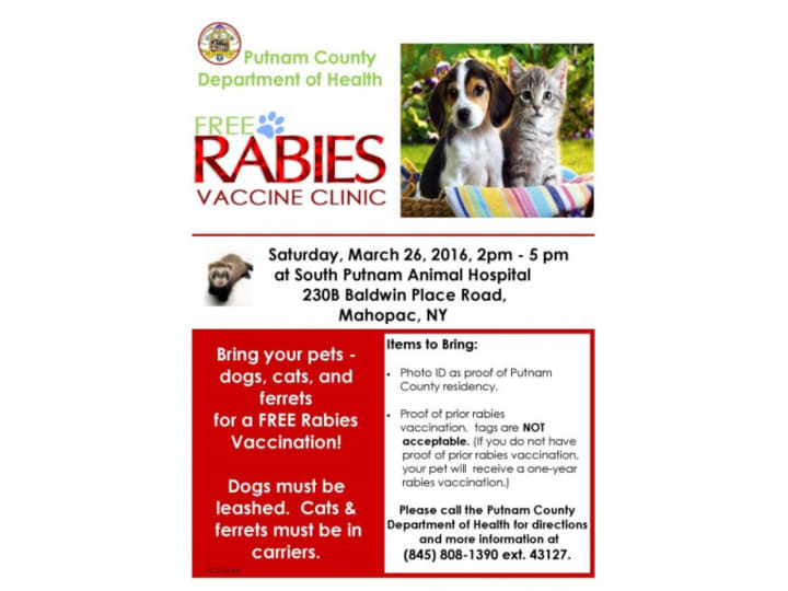 Putnam County residents can get free rabies vaccines for their dogs, cats and ferrets on March 26.