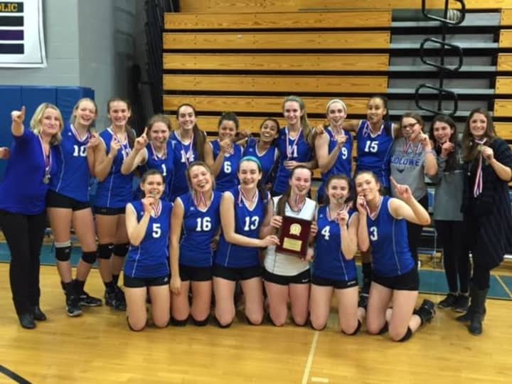 The girls volleyball team at Fairfield Ludlowe High School celebrates its 2015 FCIAC championship. See story for IDs.