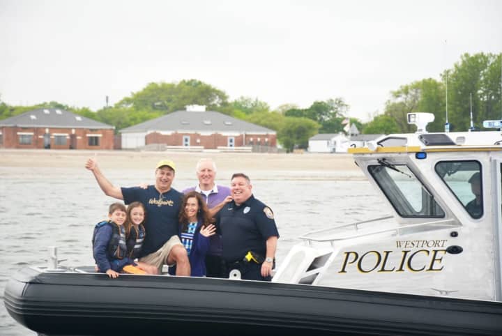 Pictured aboard Marine 1 off the coast of Compo Beach from left to right Nate Bernstein; Esther Bernstein; Doug Bernstein; Melissa Bernstein; Howie Friedman, PAL Trustee; Ned Batlin, PAL President.