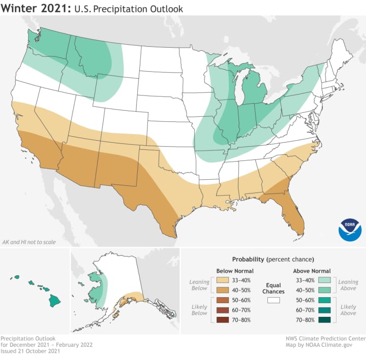A look at the precipitation forecast for the winter of 2021-22 by NOAA National Weather Service.