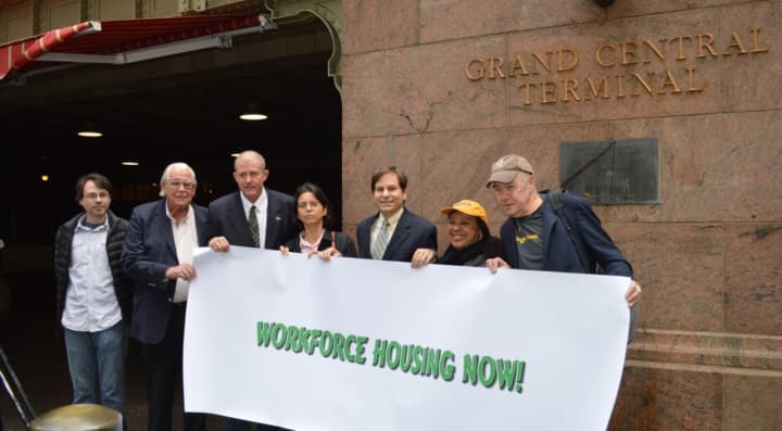 Community Housing Innovations&#x27;s executive director Alexander Roberts, fifth from left, stands with other members of the Westchester Workforce Housing Coalition, including Dennis Hanratty, executive director of Mount Vernon United Tenants, far right.